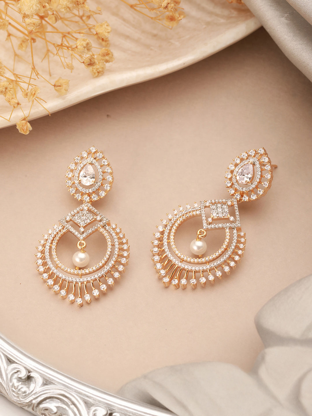 Gold Toned AD Zircon Studded Pearl Beaded Designer Chandbali earrings